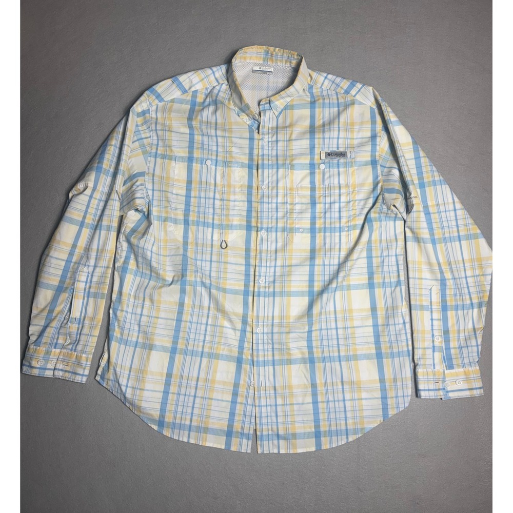 Columbia PFG Tamiami II Fishing Shirt Mens XL Yellow Blue Plaid LS XM7880